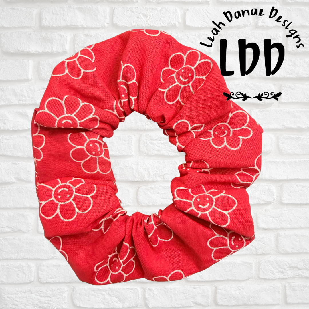 RED HAPPY DAISY - Cotton Scrunchie